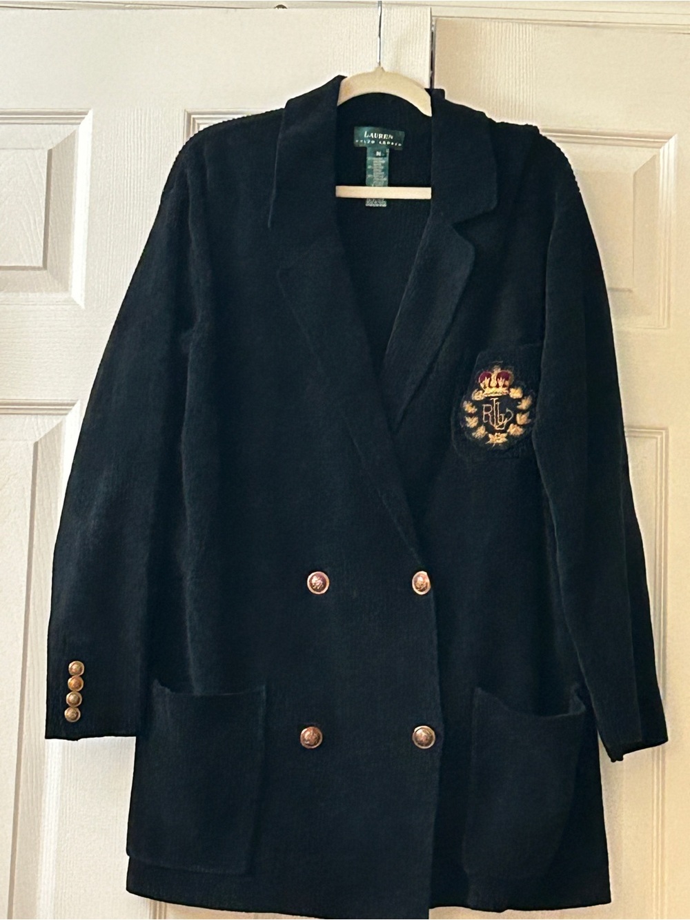 90s LAUREN Ralph Lauren Navy Blue Crest Blazer Double Breasted Medium Dark